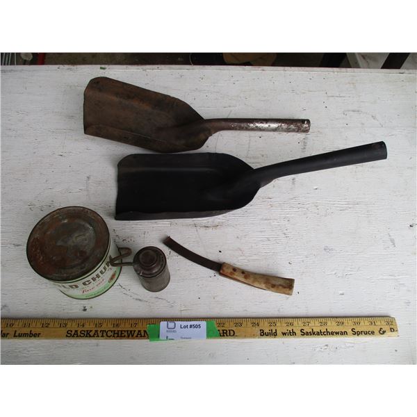 Coal Shovels, Coleman Oiler, Tobacco Tin