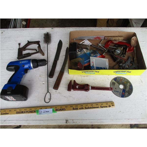 12v Powerfist Cordless Drill, Butcher Knives, C-Clamps, Misc.