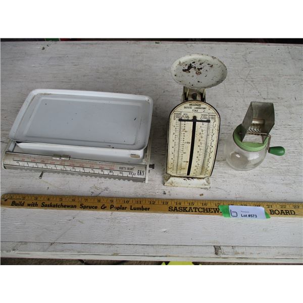 (2) Vintage Food Scales, Nut Grinder