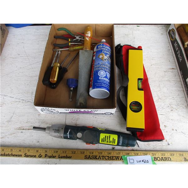 Screw Drivers, Level in Bag, Knife Sharpener, Black & Decker Cordless Drill