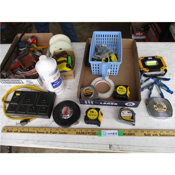 Clamps, Measuring Tapes, Magnetic Flash Light, Power Bar, Prybar, Small Vise