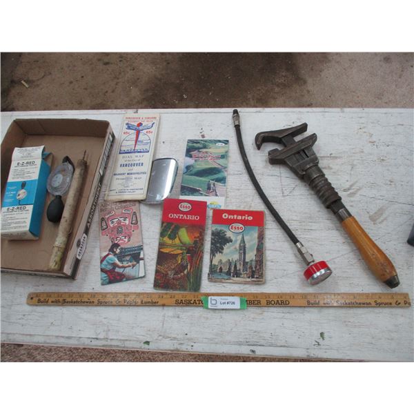 Road Maps, Anti-Freeze Tester, Vintage 14" Pipe Wrench, Misc.