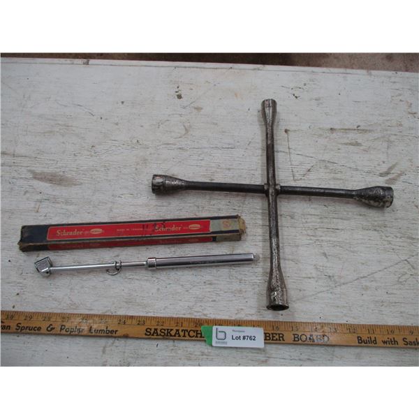 Wheel Wrench, Vintage Shrader Tire Gauge (In Box)