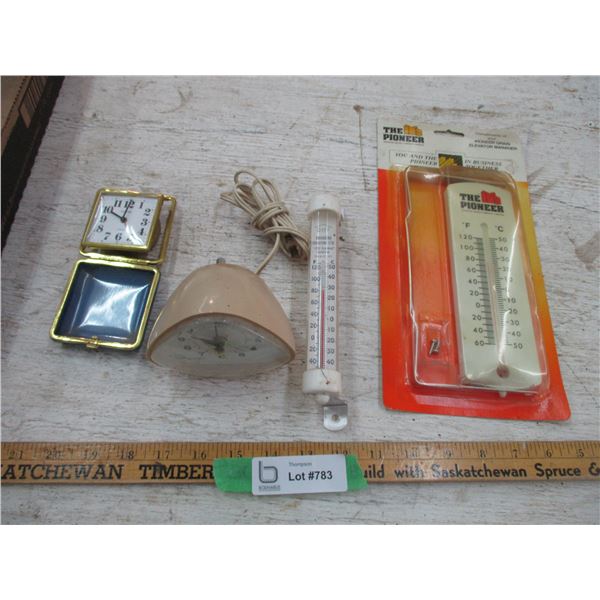 (2) Vintage Clocks, The Pioneer Advertising Thermometer