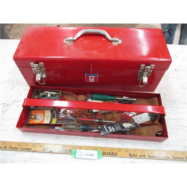 Red Tool Box with Contents (Screw Drivers, Small Wrenches, Misc.)
