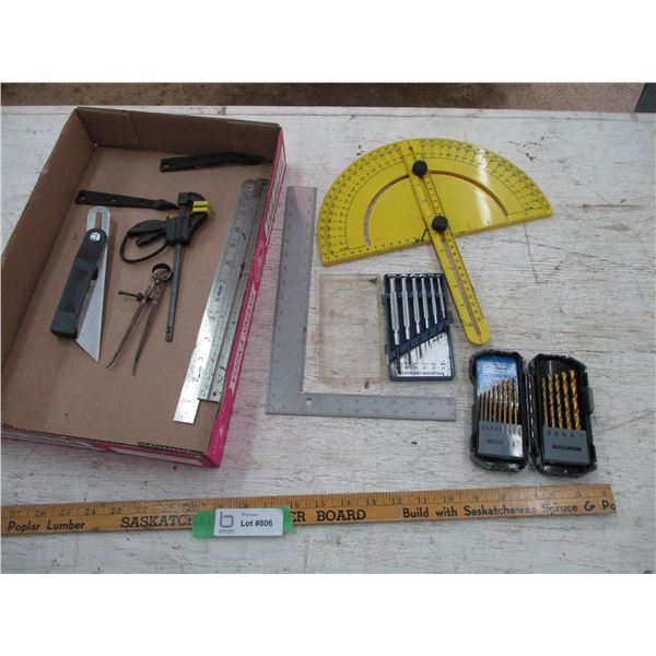 Drill Bits, Small Screw Driver Set, Square, Adjustable Square, Clamp, Misc.