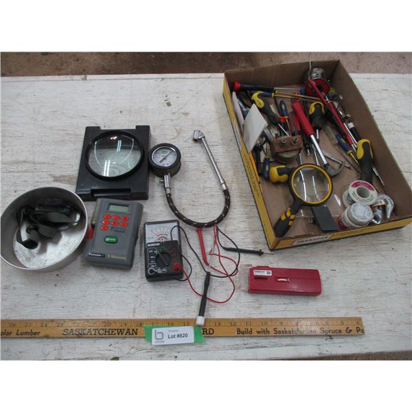 Tire Guage, Voltage Tester, Hooks, Screw Drivers, Misc.