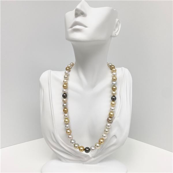 8-10mm South Sea White and Gold and Tahitian Near-Round Pearl Necklace with Gold Clasp