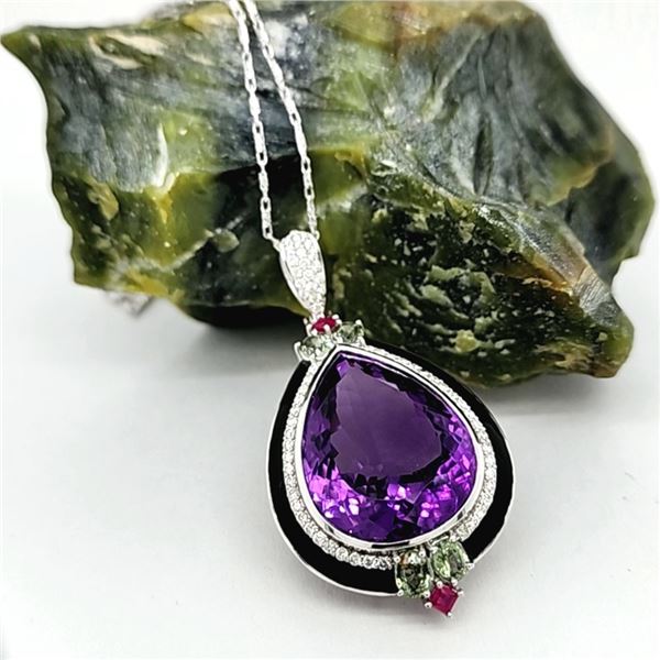 Amethyst, Sapphire, Ruby, Diamond, Enamel Necklace