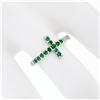 Image 3 : NEW 14k White Gold 0.25 ctw Round Green Emerald Curved Sideways Cross Band Ring