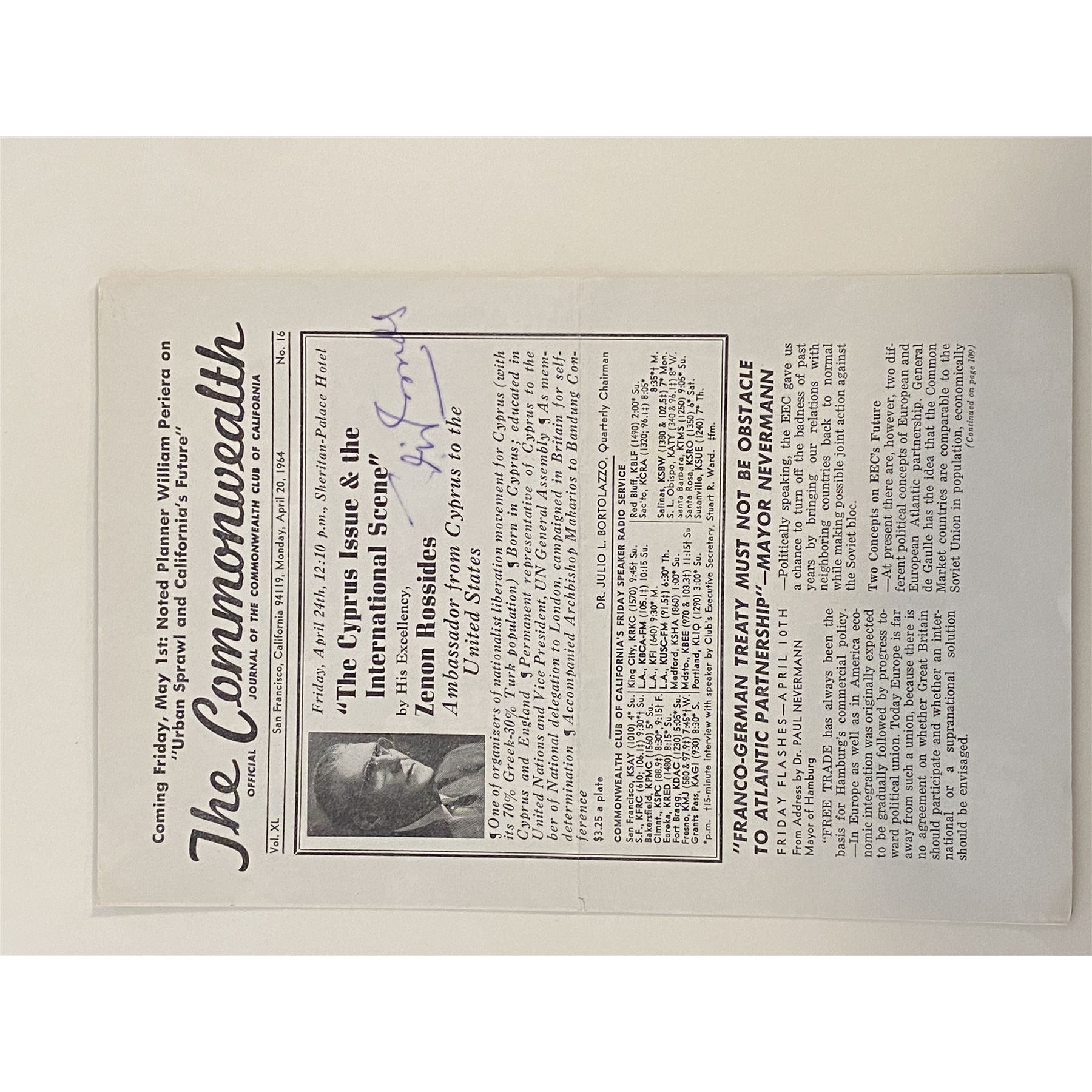 Zenon Rossides signed Commonwealth Journal newspaper