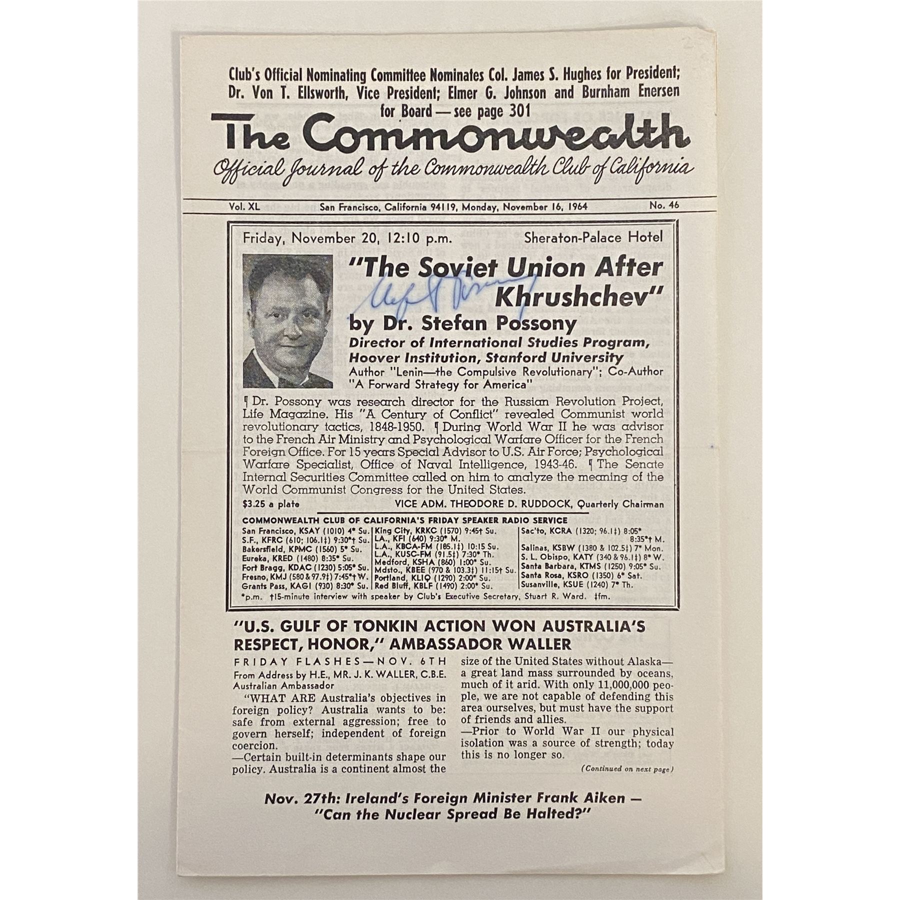 Dr Stefan Possony signed Commonwealth Journal newspaper
