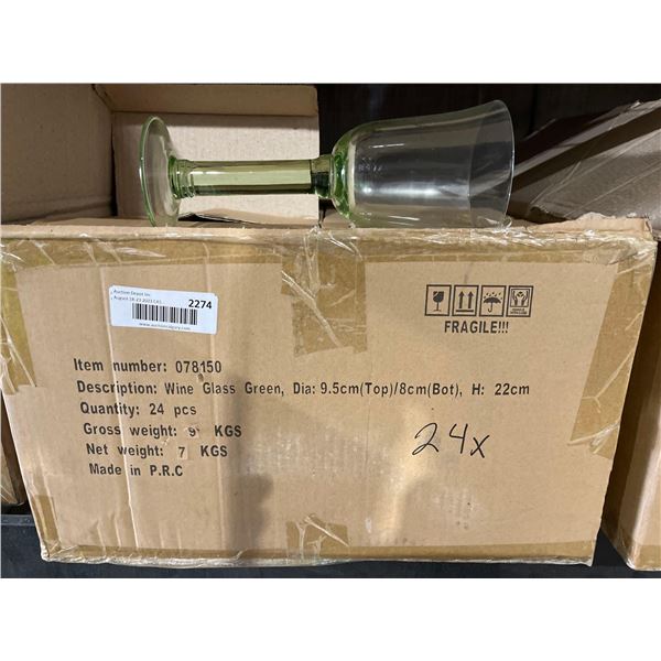 CASE LOT- Clear Green Wine Glasses- 24 Count