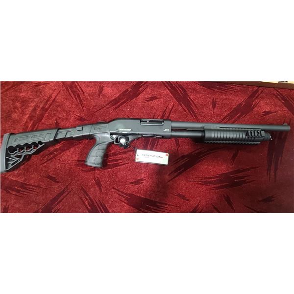 FEDERATION FIREARMS PUMP ACTION 12GA MODEL SP-12 DEFENDER. CHAMBERED FOR 3" AND 2 3/4" WITH A 16 1/2