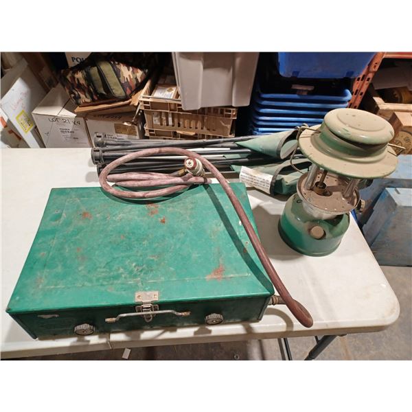 COLEMAN PROPANE STOVE AND LANTERN (NO GLASS) AND FOLDING CHAIR