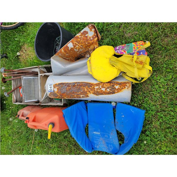 2- Life jackets, 2- Jerry cans, elec. Heater & roll of plastic