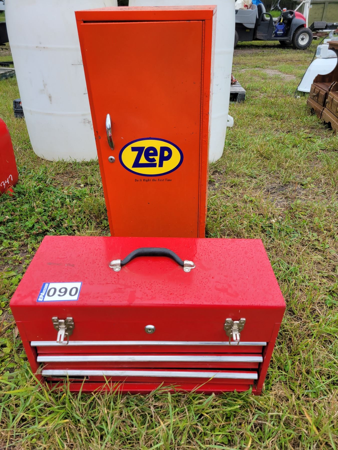 Orange Zep cabinet & red tool box c/w tools