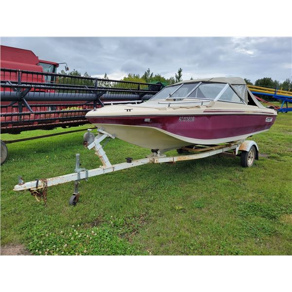 Fiber Tech, Approx. 16 ft Fibreglass open bow boat, SN.FT165018LL283, c/w top & 70 HP Johnson motor