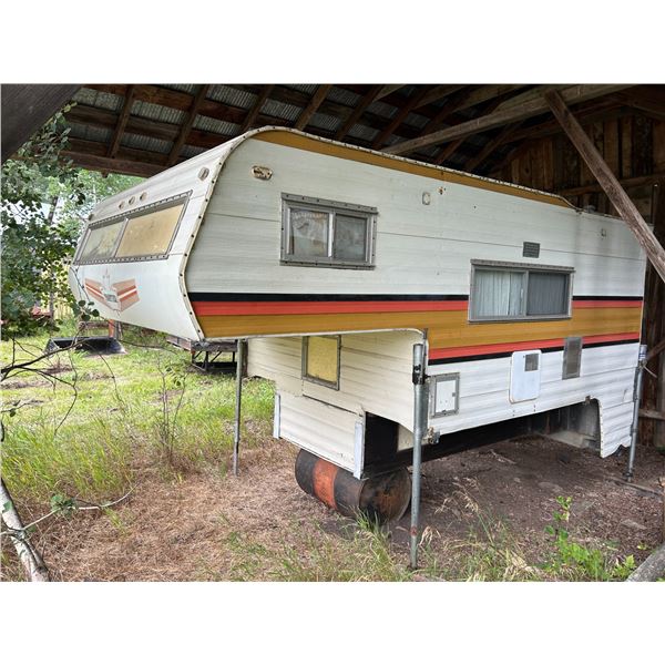 SELLING OFF SITE: Frontier slide-in camper, fits 8' box, 14' overall length, SN. C0153-71, shedded, 