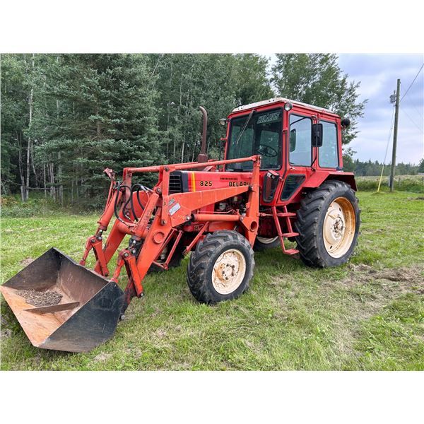 SELLING OFF SITE: Belarus Model 825 FWA, CAHR c/w FEL 6' bucket, 3 pt hitch, twin hyd Remotes, SN. 2