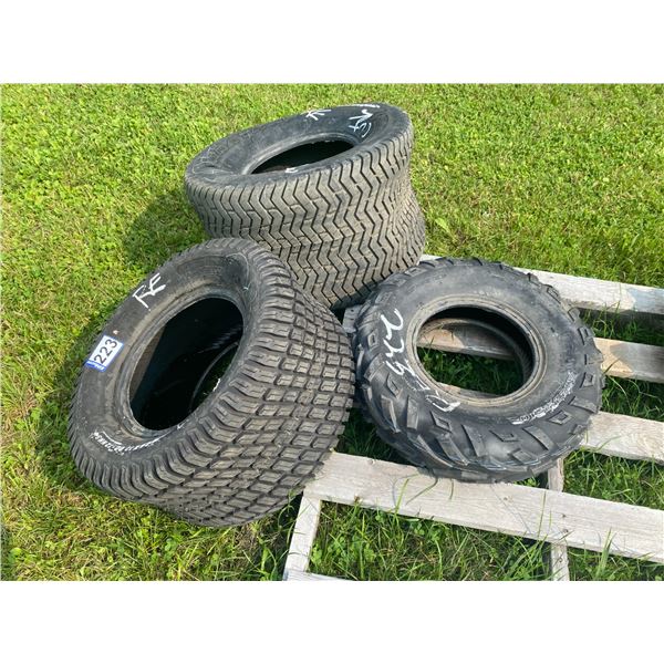 1- AT 22x7-20 Grip tire, 1- 24x12-12 NHS Tires (has cuts in sidewall), 1- 26.5x14-12 NHS Tires (has 