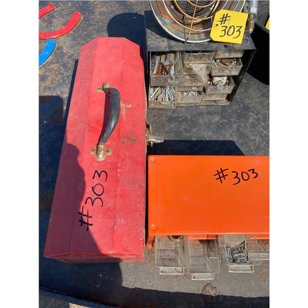 Red Tool box, propane heater, 2- Containers c/w screws & misc.