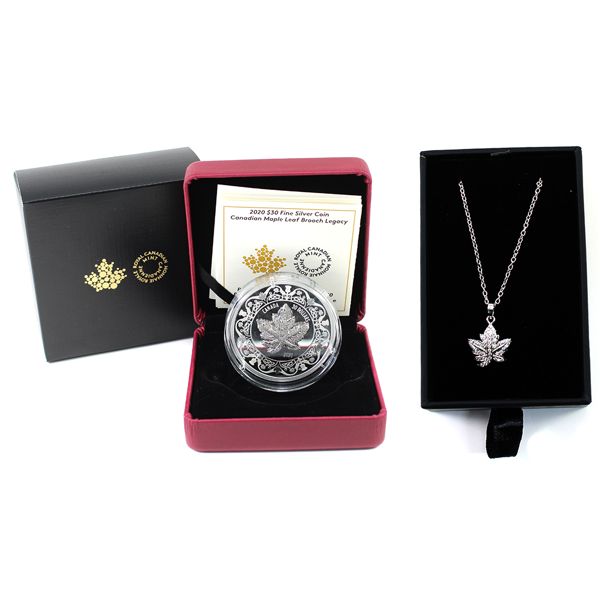2020 $30 Canadian Maple Leaf Brooch Legacy Fine Silver & Matching Maple Leaf Pendant Necklace. 2pcs.