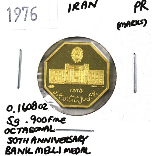 Iran 1976 Bank Melli 50th Anniversary Octagonal Medal, Gold Proof (Marks)