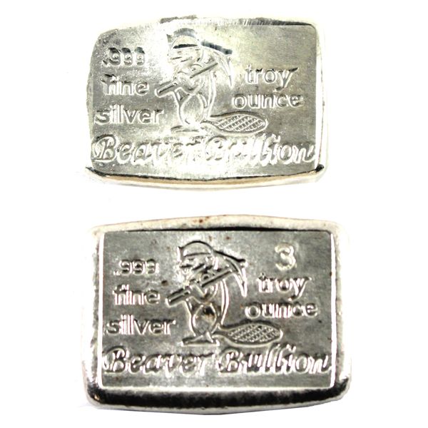 4oz Lot Total! Beaver Bullion 1oz & 3oz .999 Fine Silver Bars. 2pcs. (Tax Exempt)