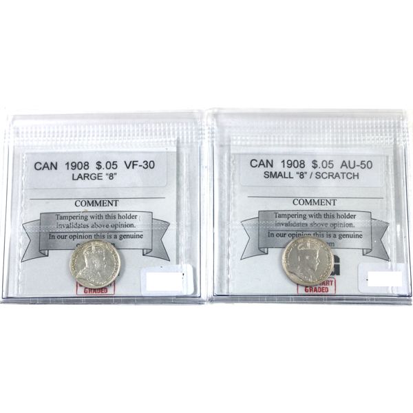 5-cent 1908 Small 8 AU-50 (scratch) & Large 8 VF-30 CMG. 2pcs.