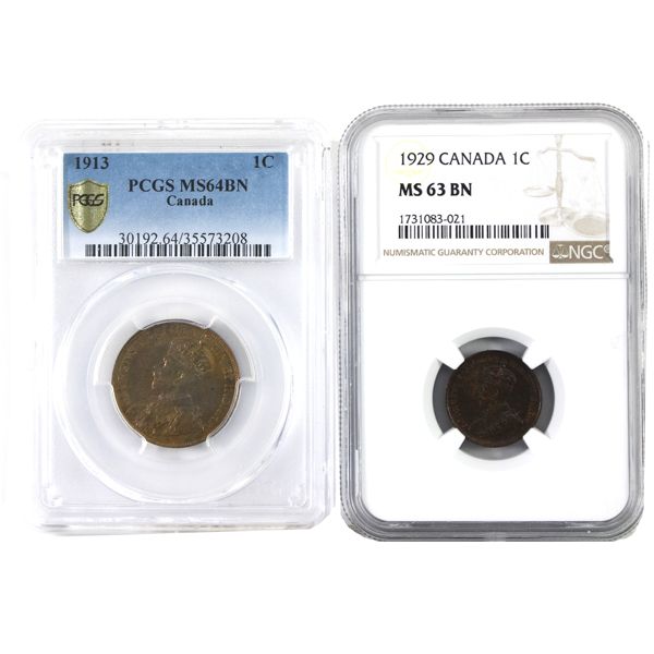 1-cent 1913 PCGS MS64 BN & 1929 NGC MS63 BN. 2pcs.