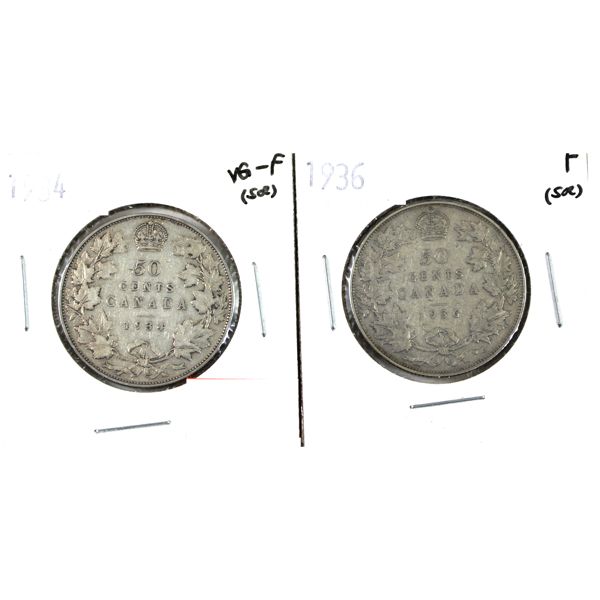 50-cent 1934 VG-F (scratched) & 1936 F (scratched). 2pcs.
