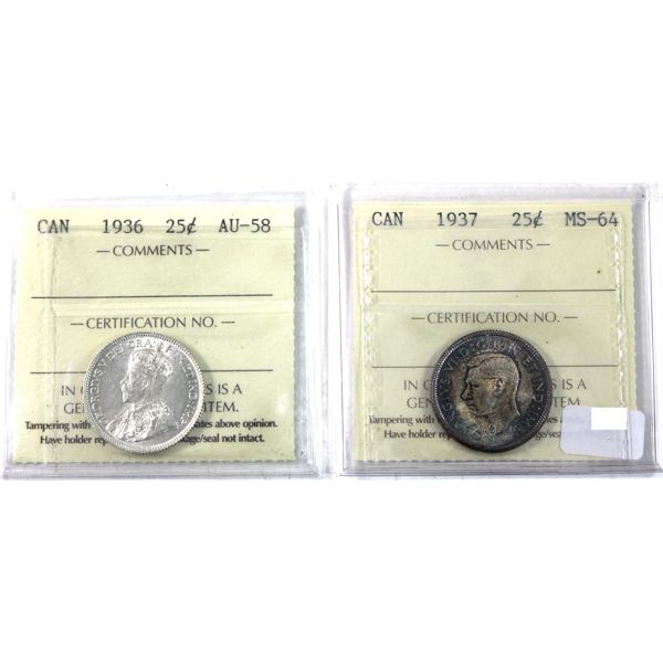 25-cent 1936 AU58 & 1937 MS64 ICCS. 2pcs.