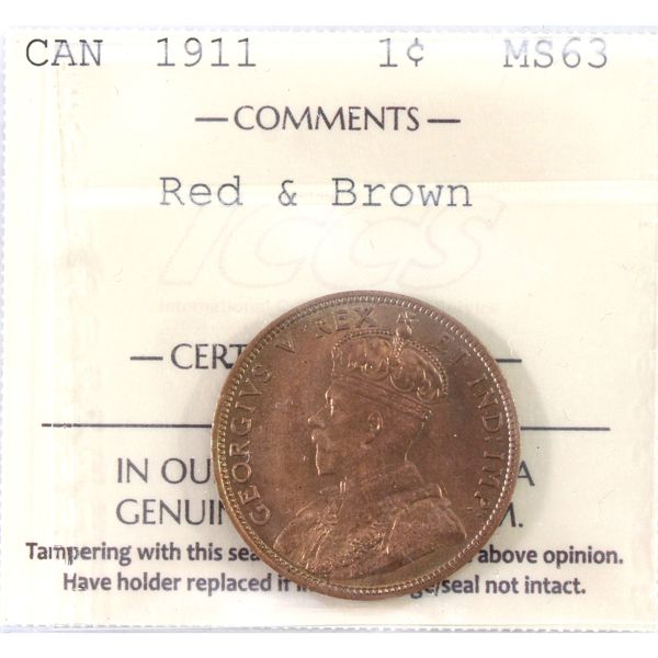 1-cent 1911 ICCS MS63 Red and Brown