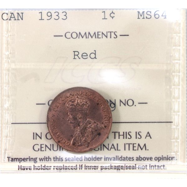 1-cent 1933 ICCS MS64 Red