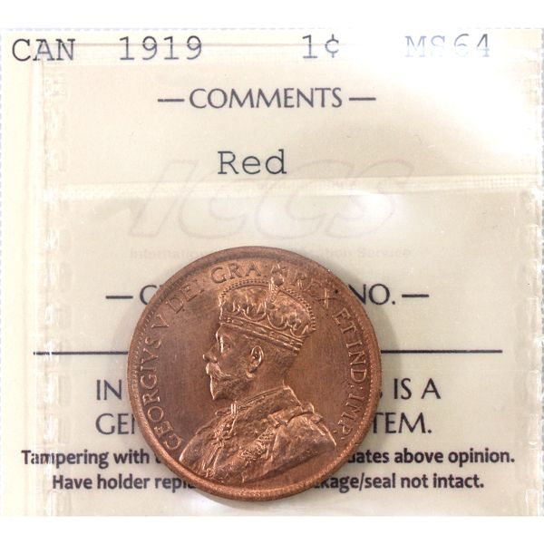 1-cent 1919 ICCS MS64 Red