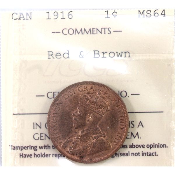1-cent 1916 ICCS MS64 Red and Brown