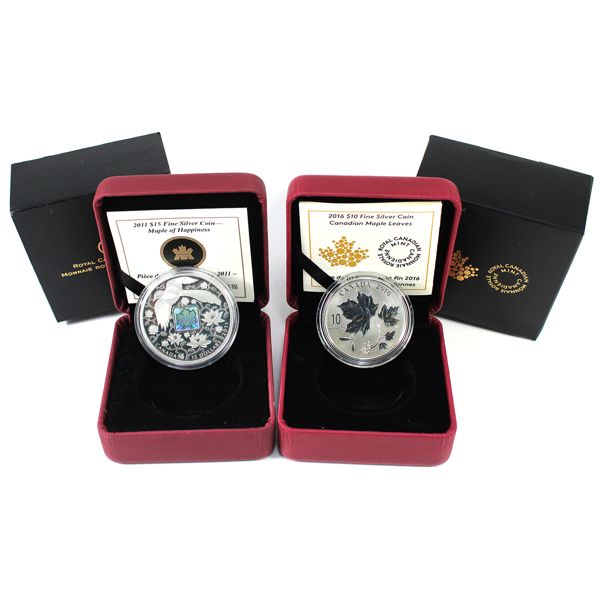 2011 $15 Maple Hologram - Maple of Happiness & 2016 $10 Maple Leaves Fine Silver. 2pcs. 