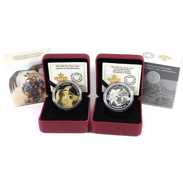 2014 & 2017 $20 Fine Silver. 2pcs. (Tax Exempt)  