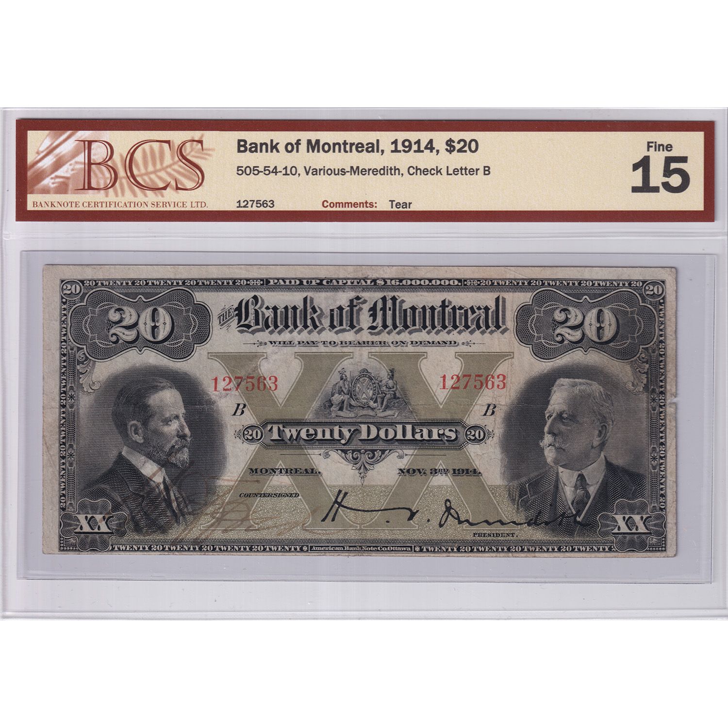 505-54-10 1914 $20 Bank of Montreal BCS F15 (Tear) Various-Meredith ...