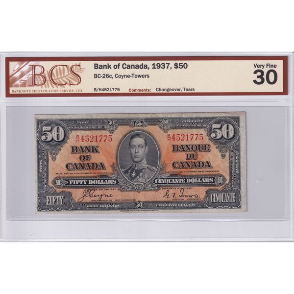 BC-26c 1937 $50 BCS VF30 (Changeover, Tears) Coyne-Towers SN: B/H4521775