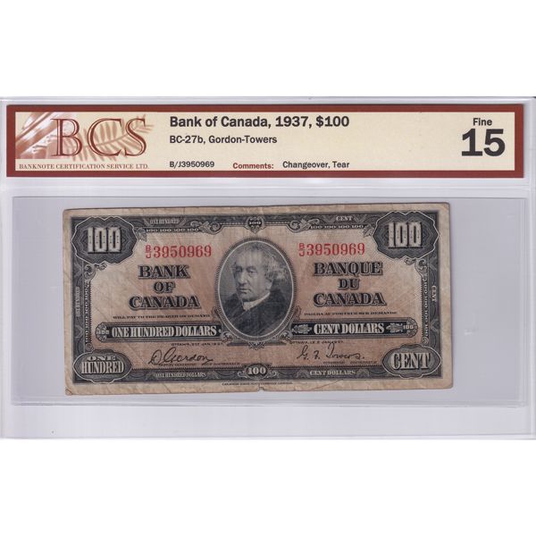 BC-27b 1937 $100 BCS F15 (Changeover, Tear) Gordon-Towers SN: B/J3950969