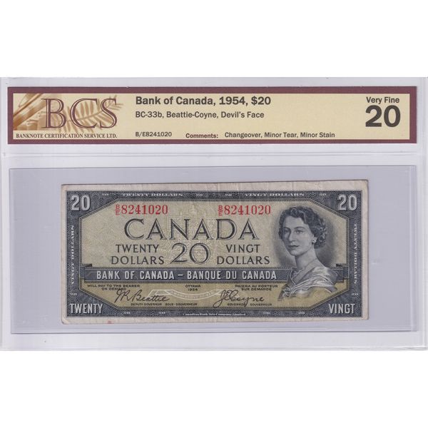 BC-33b 1954 $20 BCS VF20 (Changeover, Minor Tear & Stain) Beattie-Coyne Devil's Face SN: B/E8241020