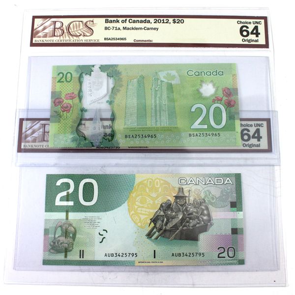Pair of 2004 & 2012 $20 BCS Choice UNC64 (Original) Bank of Canada Notes. Includes. 2pcs.