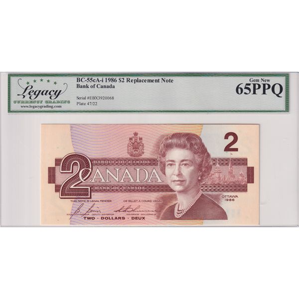BC-55cA-i 1986 $2 Legacy GEM UNC65 (PPQ) Bonin-Thiessen Replacement Note SN: EBX3920068