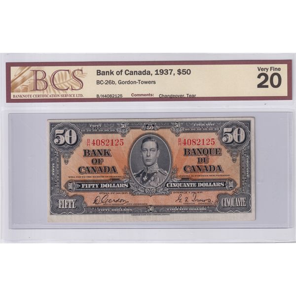 BC-26b 1937 $50 BCS VF20 (Changeover, Tear) Gordon-Towers SN: B/H4082125