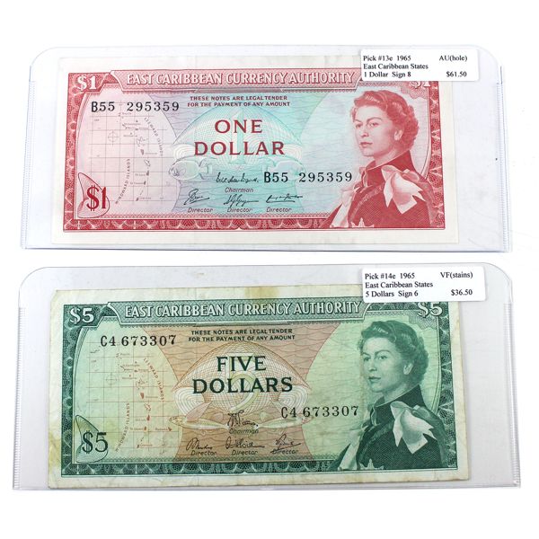 East Caribbean States 1965 $1 & $5 Notes. 2pcs.