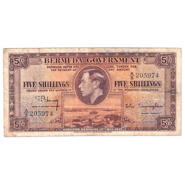 Bermuda 1937 Pick#8b 5 Shillings F-VF (stain) SN: A/5205974