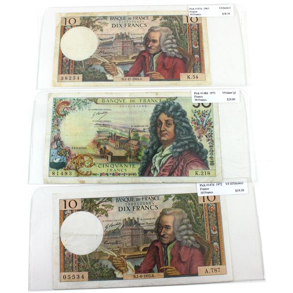 France 1963-1973 10 & 50 Francs VF to VF-EF (various imperfections) Notes. 3pcs.