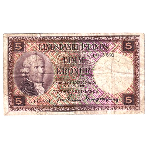 Iceland 1928 5 Kronur Pick27a F(tear) SN: 1033691